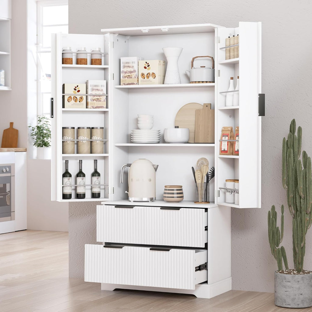 Fluted Kitchen Pantry Cabinet with Drawers,White Food Pantry Cabinet,Freestanding Kitchen Cupboard with 8-Door Spice Rack