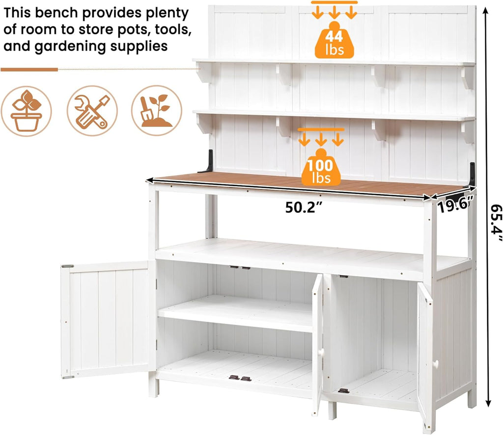 SOFTSEA Outdoor Potting Bench with Hutch, 50.2" Fir Wood Garden Workstation with 2 Shelves & 2 Cabinets, Outdoor Planting Table with Large Countertop & 3 Side Hooks, White