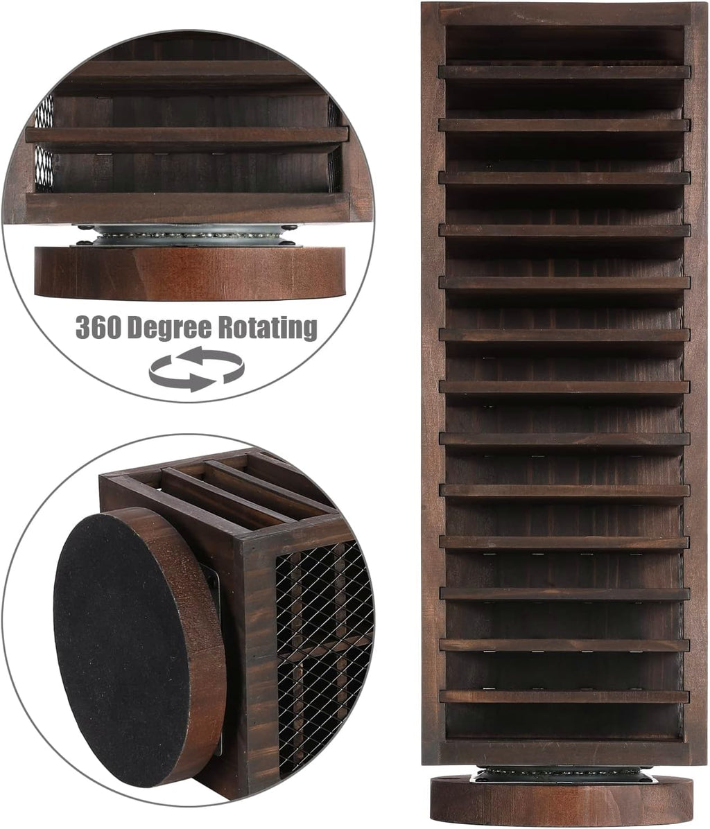 FARM IN Cassette Tape Storage, 360-Degree Rotatable Design Farmhouse Style Cassette Rack Tower, Double-Sided 28-Slot, Rustic Solid Burnt Wood & Diamond Metal Wire Mesh