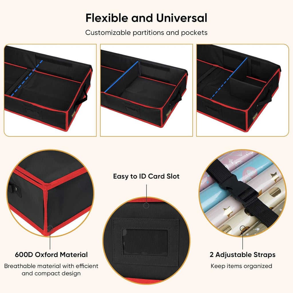 BALEINE Wrapping Paper Storage Organizer, 40" Durable 600D Oxford Fabric Gift Wrap Storage Bag with Flexible Partitions for Ribbon, Holiday Accessories (Black/Red)