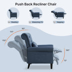 Pushback Recliner Chair, Accent Push Back Chair with Adjustable Footrest, Upholstered Linen Fabric Reclining Sofa with Side Pocket, Comfy Modern Armchair for Living Room, Navy Blue