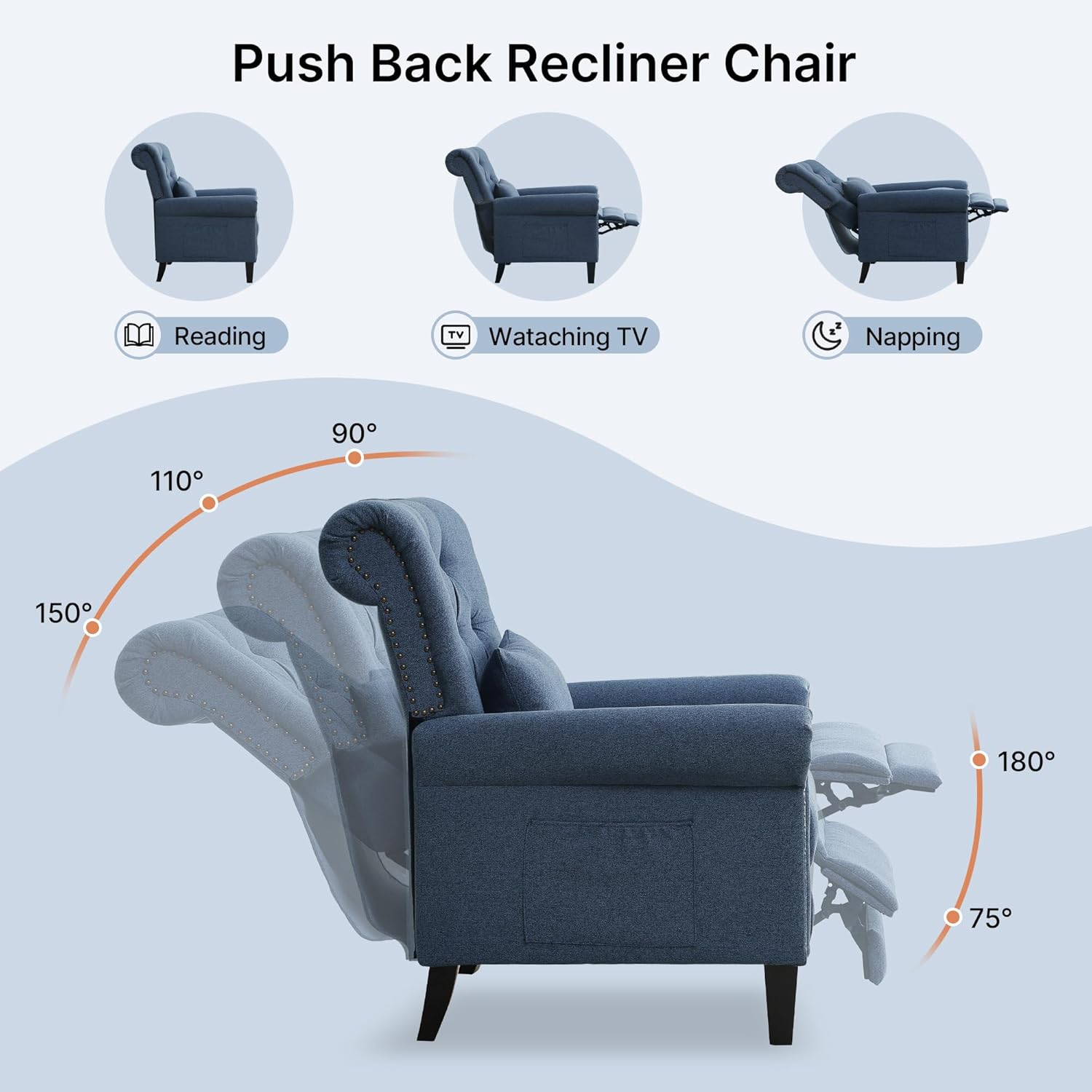 Pushback Recliner Chair, Accent Push Back Chair with Adjustable Footrest, Upholstered Linen Fabric Reclining Sofa with Side Pocket, Comfy Modern Armchair for Living Room, Navy Blue