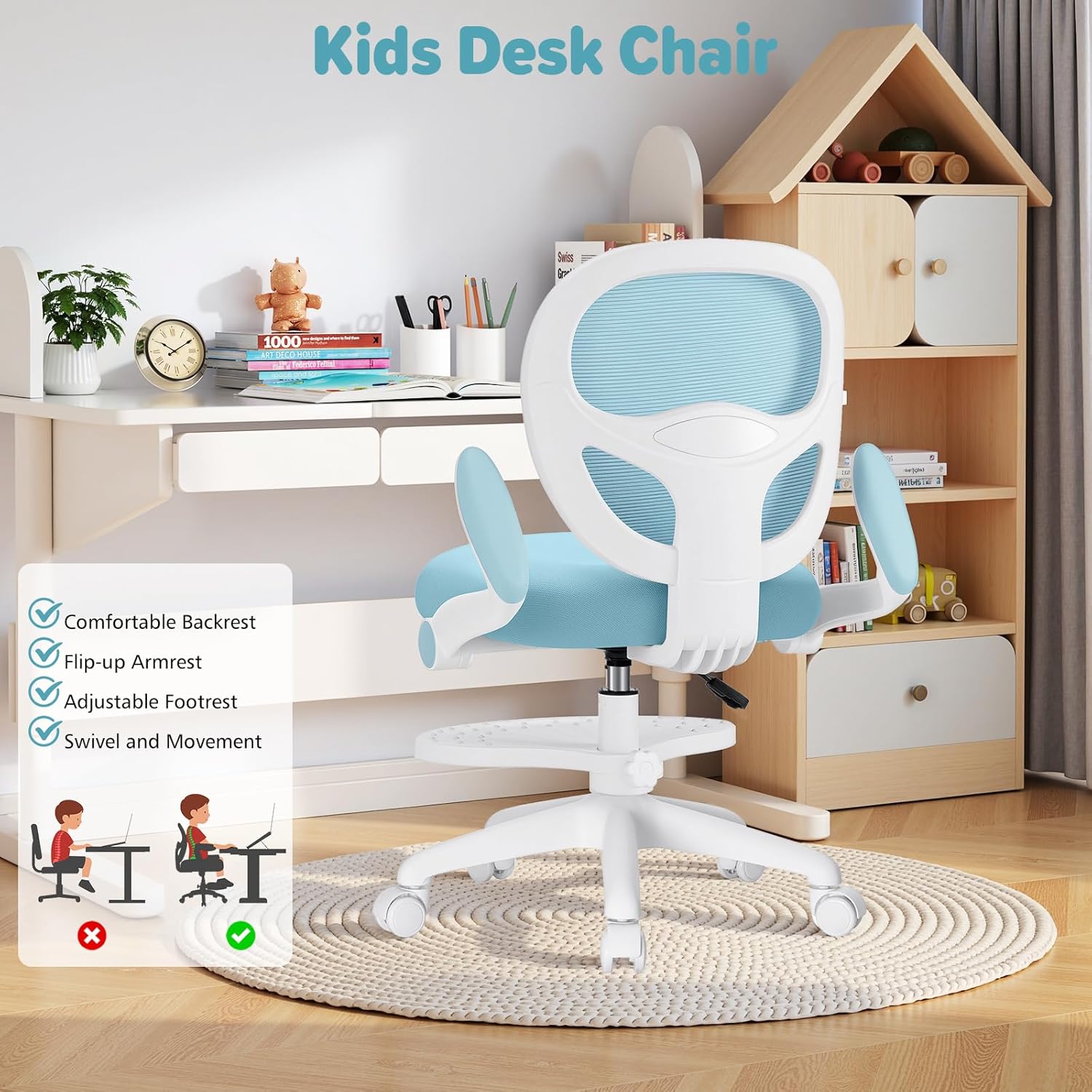 Kids Desk Chair Ergonomic Study Chair with Flipped Armrest and Footrest Swivel Mesh Desk Chair with Wheels Home Office Chair for Children in Home Bedroom Blue
