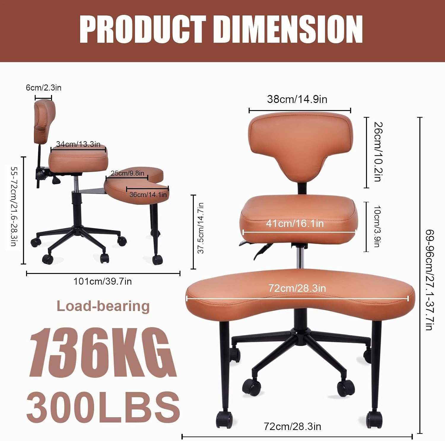 Ergonomic Criss Cross Chair for ADHD, Height Adjustable 47.5-59cm, Dual-Layer Cushion Converts to Regular Seat, PU Leather, Wheels, Adjustable Backrest 90-120°, Perfect for Home Office Meditation