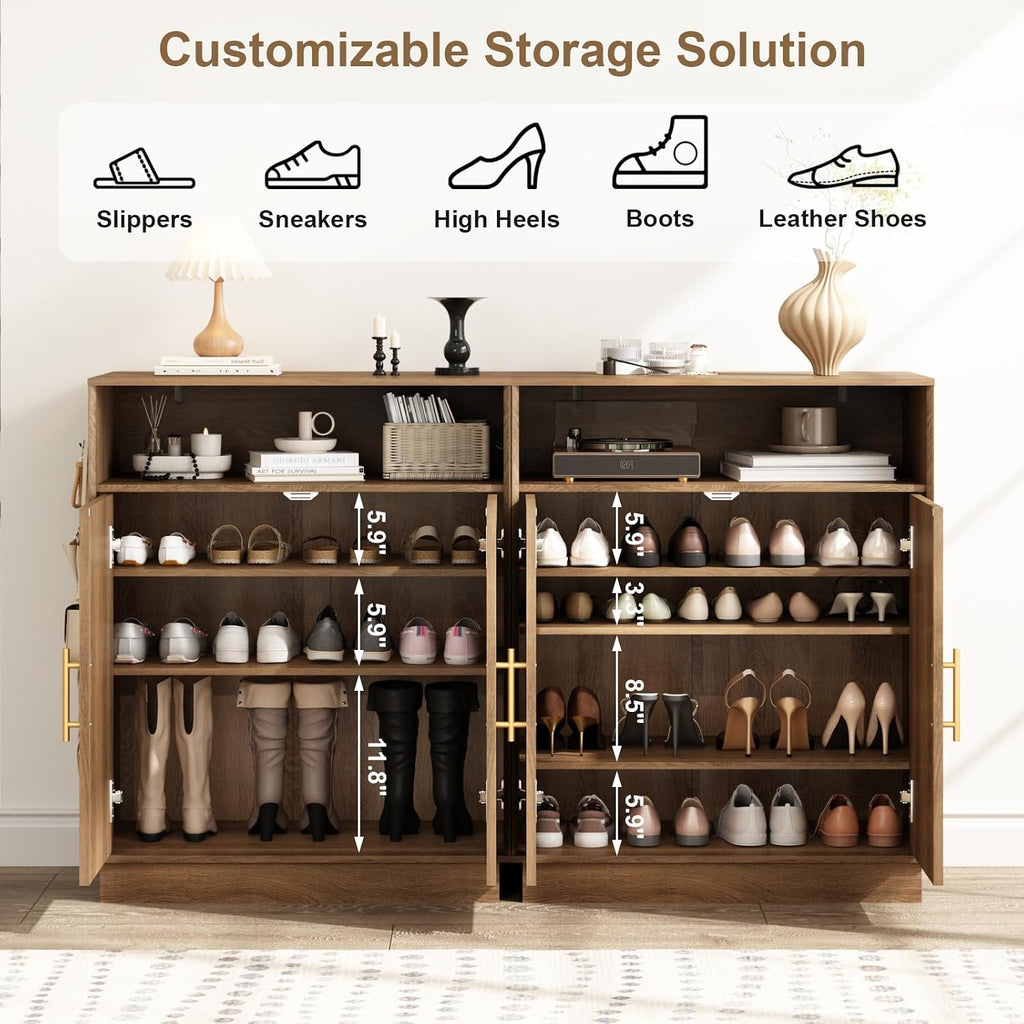 HOKYHOKY Rattan Shoe Storage Cabinet with 2 Arched Doors, 5-Tier Deep Shoe Organizer with Adjustable Shelves, Farmhouse Boho Shoe Rack Cabinet for Entryway,Rustic Oak
