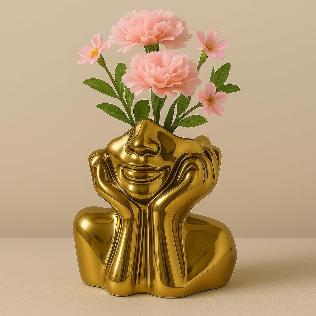 Face Vase Unique Ceramic Vase for Room,Office,Home Decor,Gold,A | Small Boho Cute Female Form Head Bust Vase Modern Flower Vase for Table Shelf Desk Decoration Bookshelf Bedroom