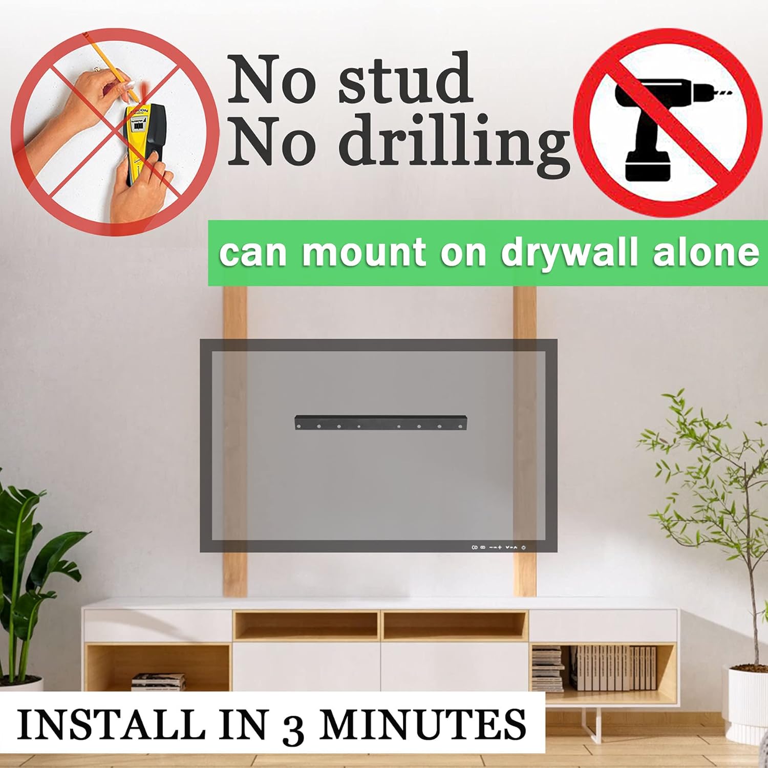No Stud TV Wall Mount, Drywall Studless TV Hanger No Damage, No Drill, Non Screws, Dry Wall Flat Screen TVs Easy Install Bar Bracket fits VESA 12-55 inch TVs up to 99 lbs, Include Hardware Levels