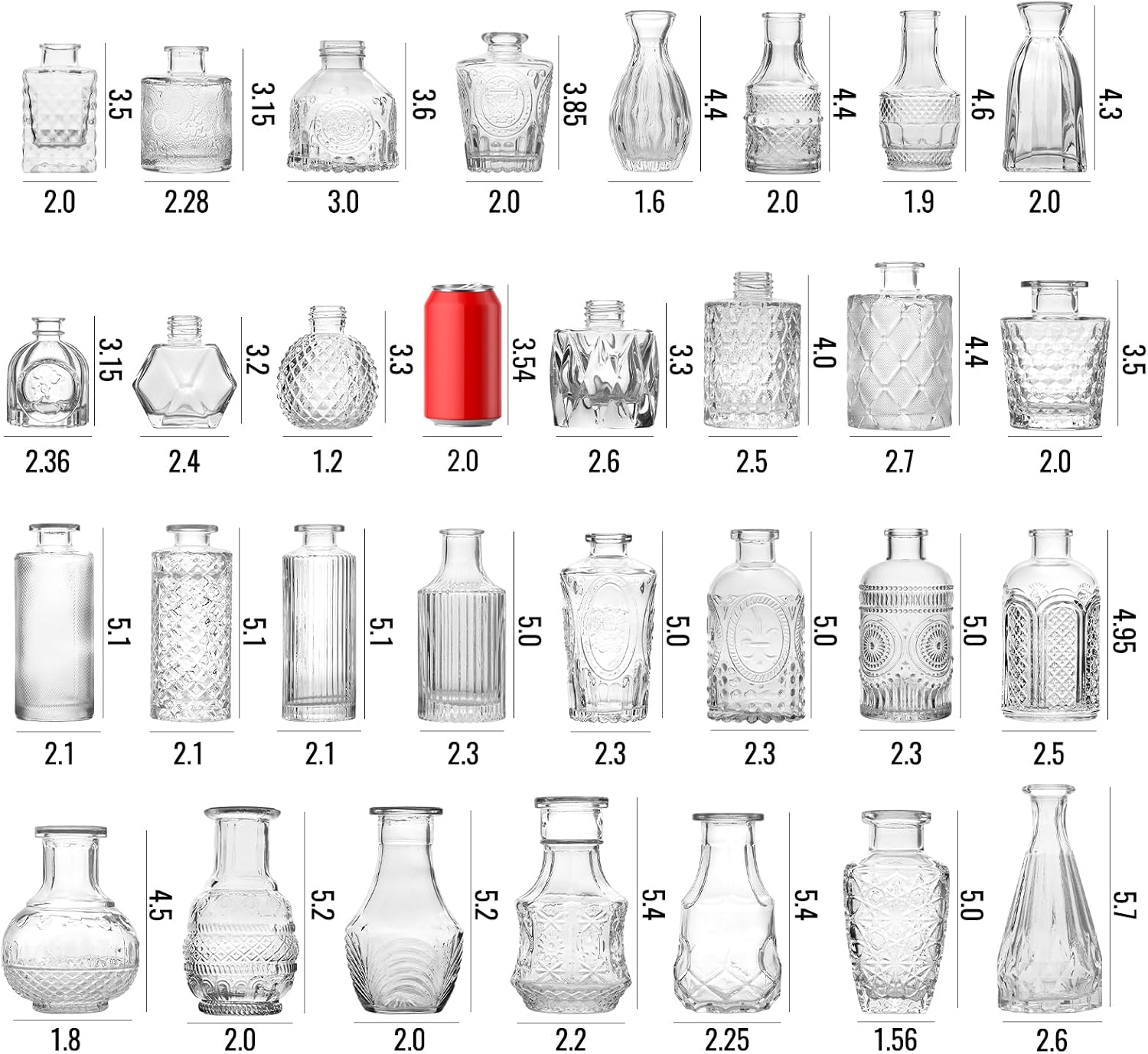 Small Bud Vases, Vintage Clear Glass Bud Vases in Bulk with Unique Embossed Patterns for Wedding Centerpieces, Table Decor, Rustic Party Reception Decorations (Clear)
