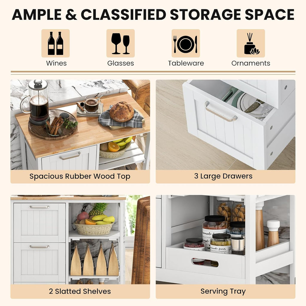 COSTWAY Kitchen Storage Island Cart on Wheels, Kitchen Rolling Trolley Cart with 3 Drawers and Shelves, 360° Wheels & Detachable Tray, Kitchen Island for Dining Room, Living Room & Bedroom