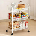 Storage Carts 3-Tier, Metal Utility Rolling Cart with Wheels, Snack Shelves, Fruit Basket Stand for Living Room, Kitchen, Office, with 360° Wheels & Hooks, White