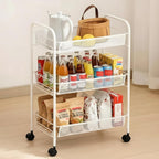 Storage Carts 3-Tier, Metal Utility Rolling Cart with Wheels, Snack Shelves, Fruit Basket Stand for Living Room, Kitchen, Office, with 360° Wheels & Hooks, White