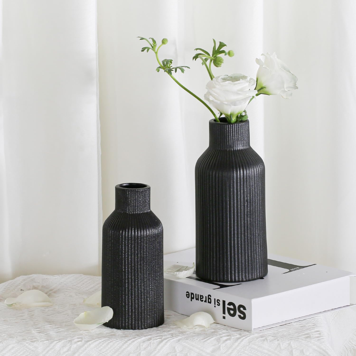 Bohemian Black Ceramic Vase - for Pampas Grass, Mantel, Bookshelf, Entryway and Living Room Decor (Black, Set of 3)