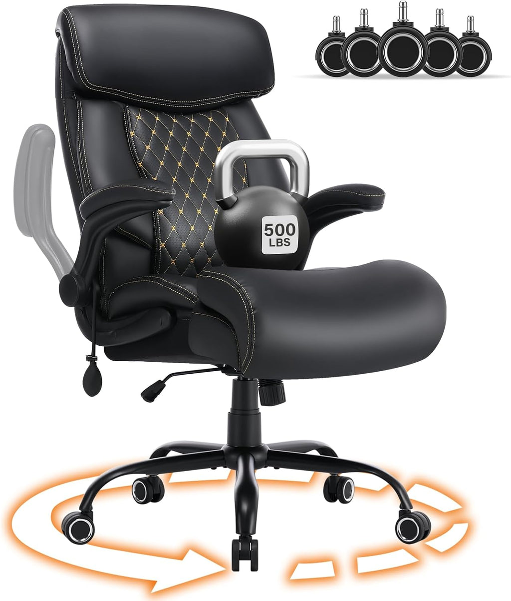 BOSMILLER Big and Tall Office Chair, Heavy Duty Executive Chairs with Adjustable Lumbar Support for Back Pain, Ergonomic Comfortable Computer Chair with Extra Wide Seat for Home Office, Black Pu