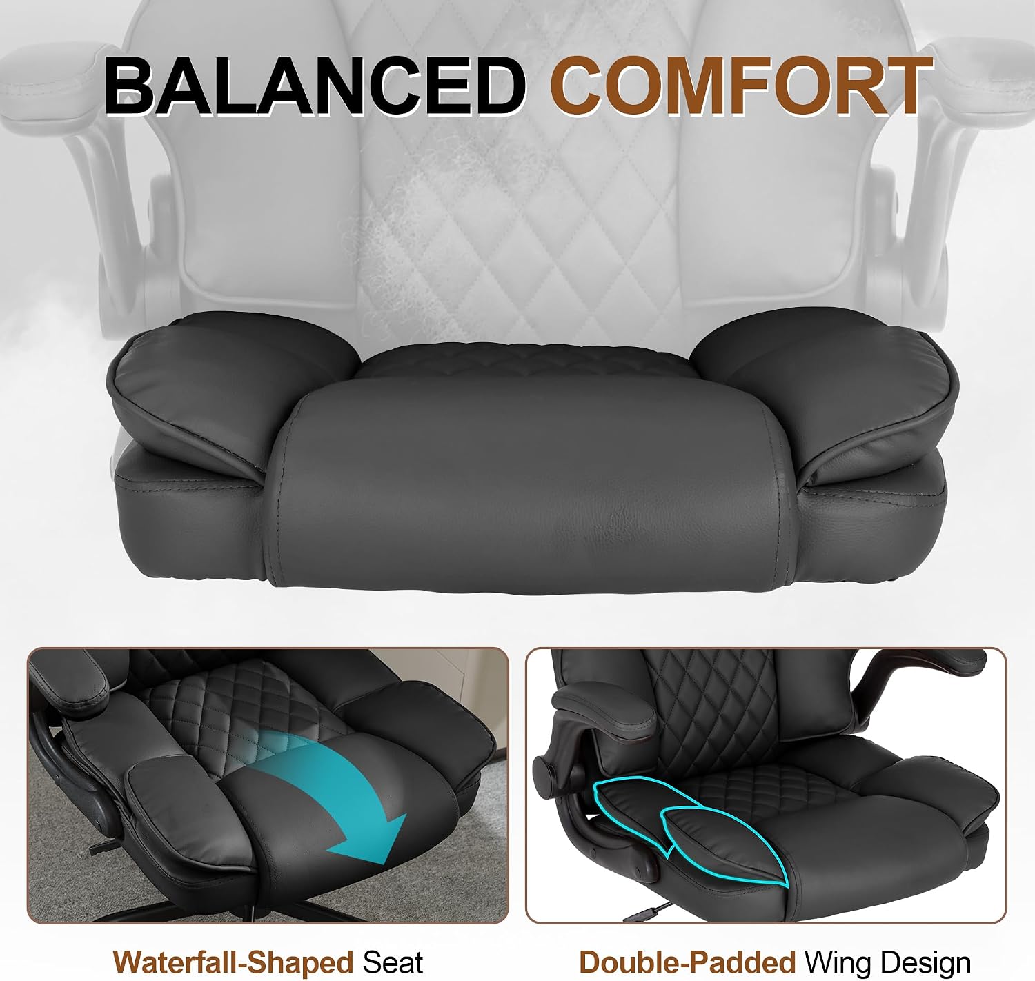 Office Desk Chair, Conference Room Chairs, Mid Back Executive Leather Chair,Ergonomic Home Computer Chair, Modern Office Chair with Adjustable Flip-Up Arms and Rocking Function (Black)