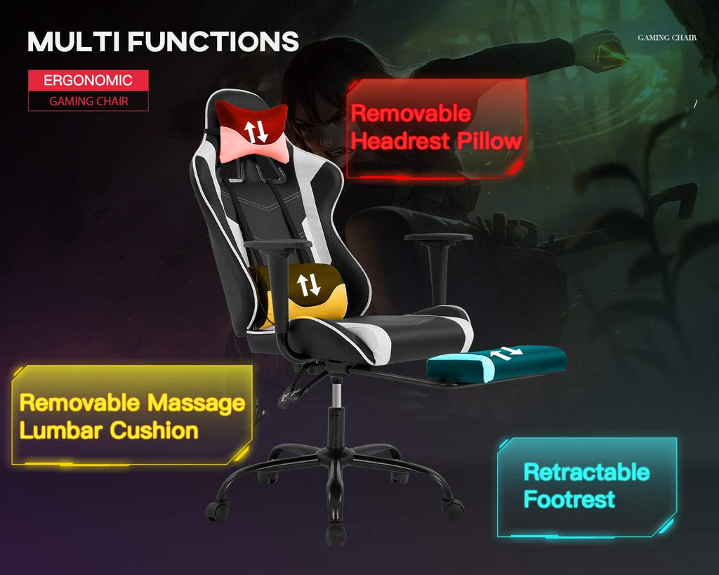 Computer Gaming Chair PC Ergonomic Office Chair Home Executive Desk Chair Adjustable High-Back PU Leather Racing Rolling Swivel Task Lumbar Support Footrest Headrest Armrest Massager