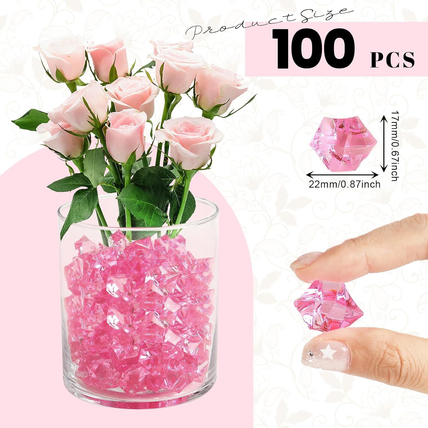 Fake Ice Cubes,100 Pcs Pink Rocks for Vases,17 * 22 mm Plastic Diamonds,Plastic Ice Cubes Vase Fillers for Centerpieces