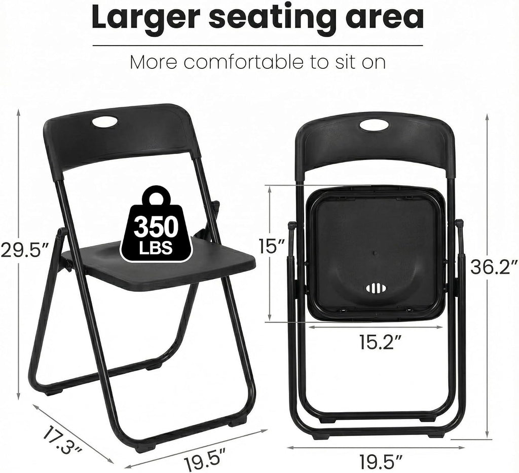 Black Folding Chairs 10 Pack Foldable Plastic Stackable Sturdy Seats for Office Family Wedding Dinner Party Events Entertaining, Steel Frame, Heavy Duty 350 lbs Capacity