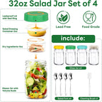 XLMYS 4 Pack Salad Jar, 32oz Salad Jars with Separate Wet/Dry Dressing Cup, Leakproof Salad Container for Lunch, Glass Food Storage for Home, Office and Outdoor