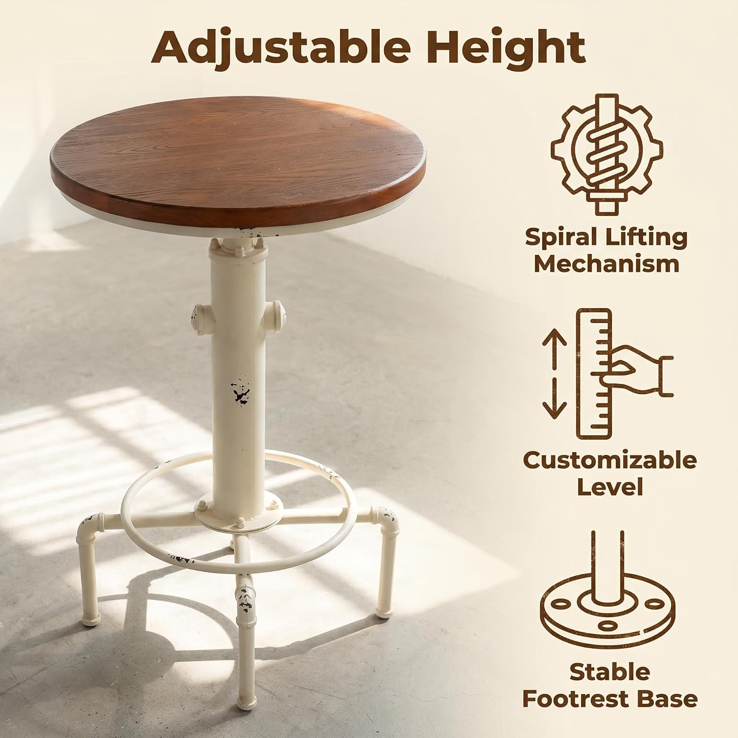 Topower Industrial Bar Table 32.3-38.2" Adjustable Pub Table Kitchen Dining Coffee Bistro Table (Antique White)