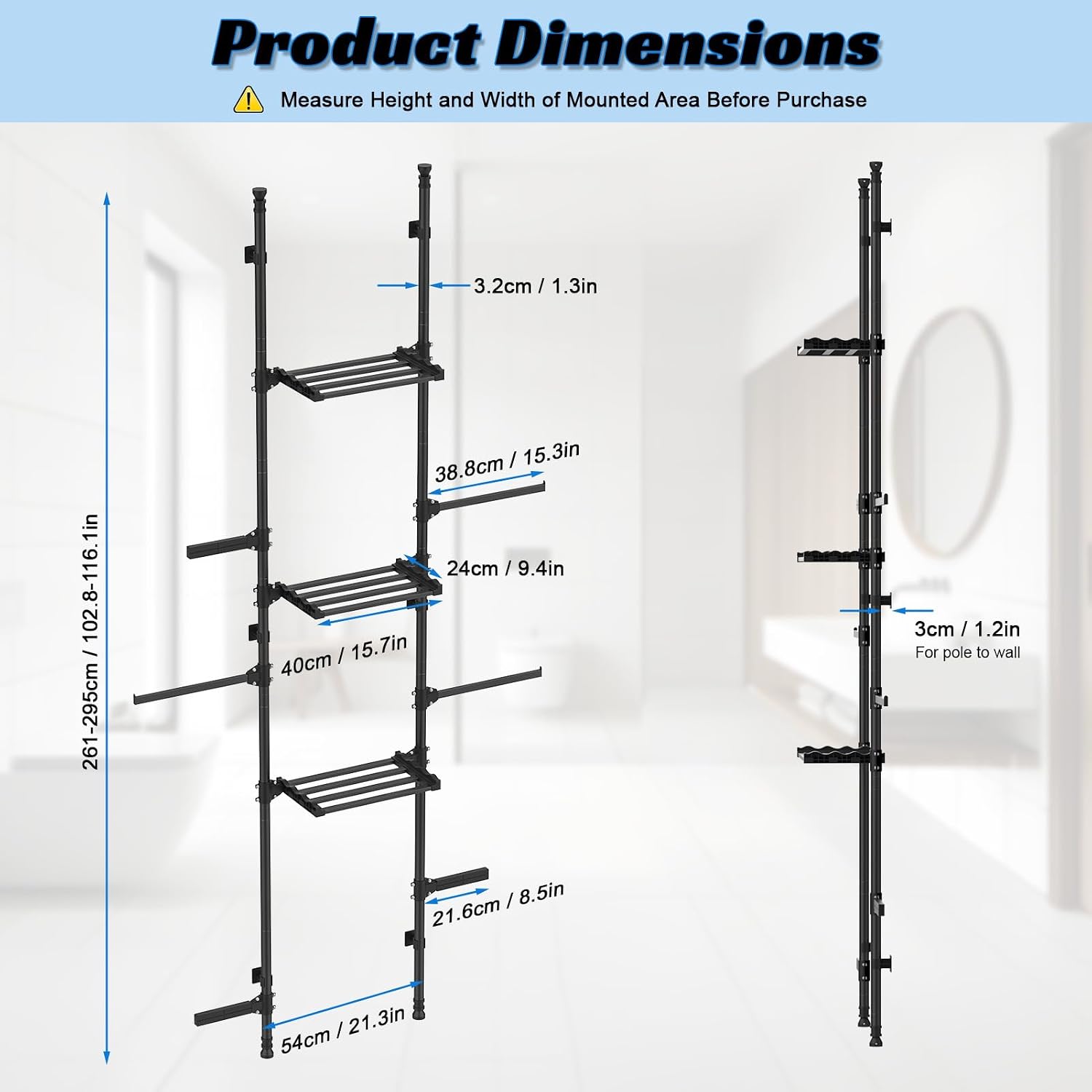 4-Tier Over The Toilet Storage Shelf, Adjustable Carbon Steel Bathroom Organizer, No Drill Tension Mount Freestanding Shelving Unit for Small Rooms, Space Saving Above Behind Toilet