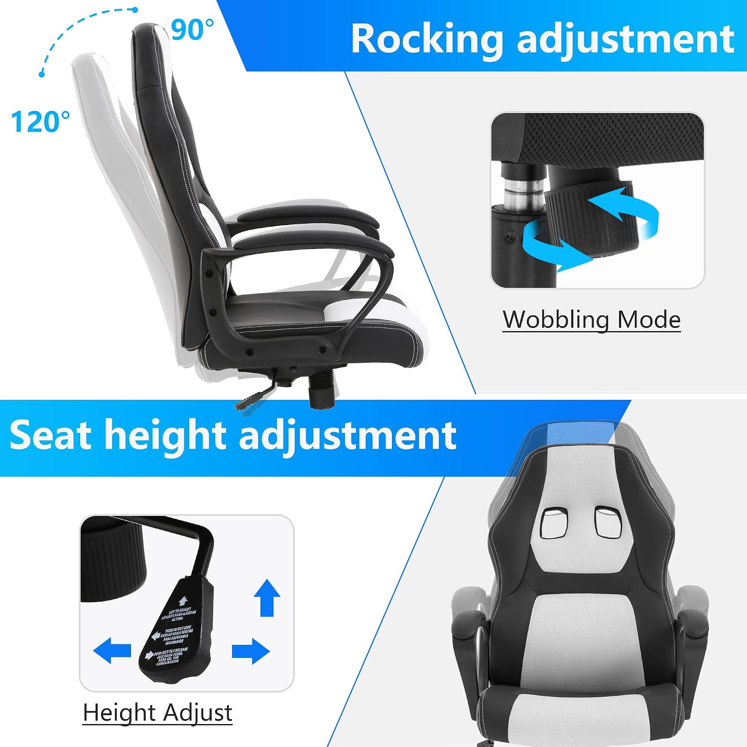 PayLessHere Gaming Chair Office Chair with Support Adjustable Ergonomic Pu Leather Racing Lumbar Massage Headrest Armrest Task 360° Swivel Computer Chair for Women Men Adults，White