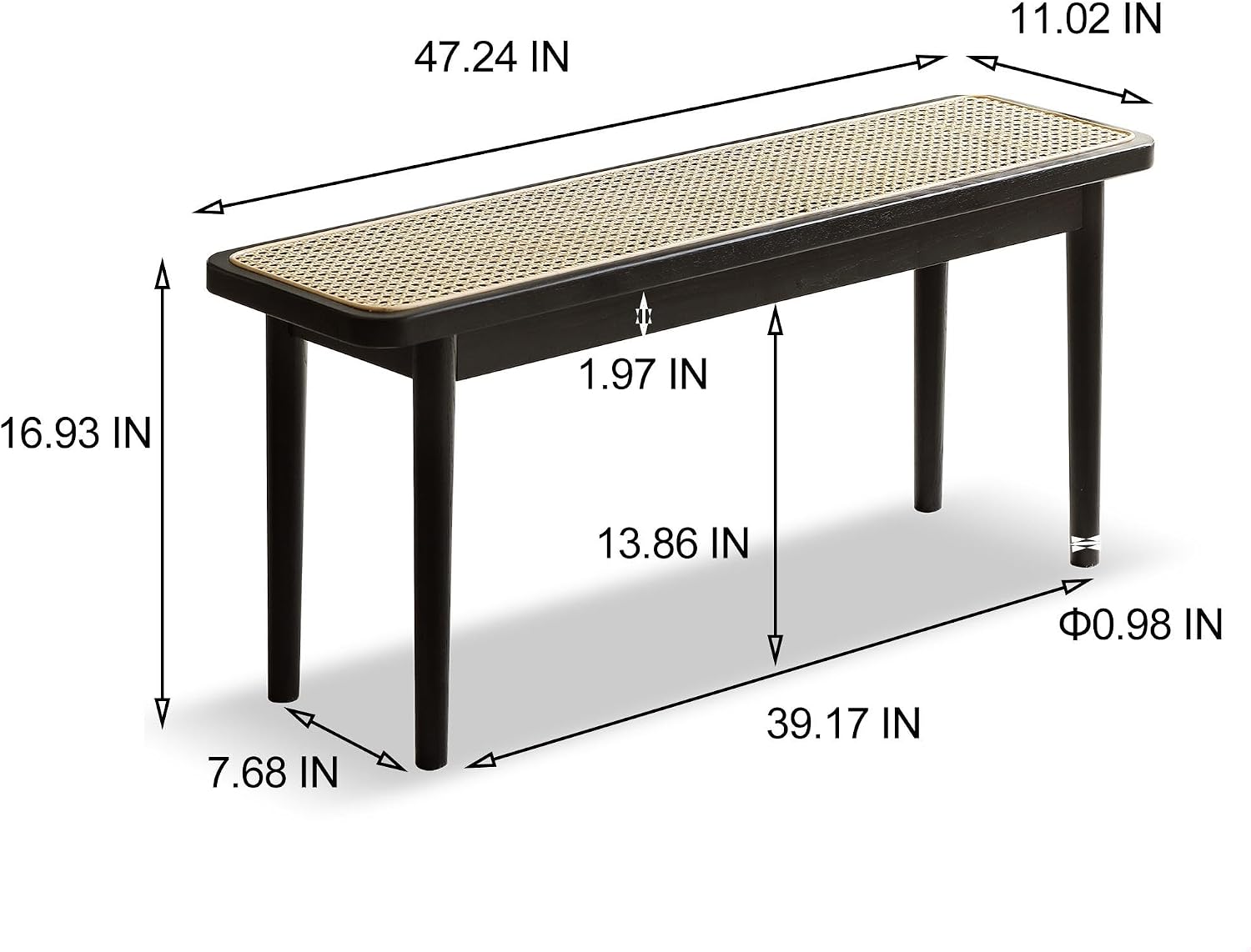47.24" Modern Oak Wood Dining Bench with Woven Rattan Seat Solid Wood Entryway Bench for Bedroom End of Bed Living Room, Black