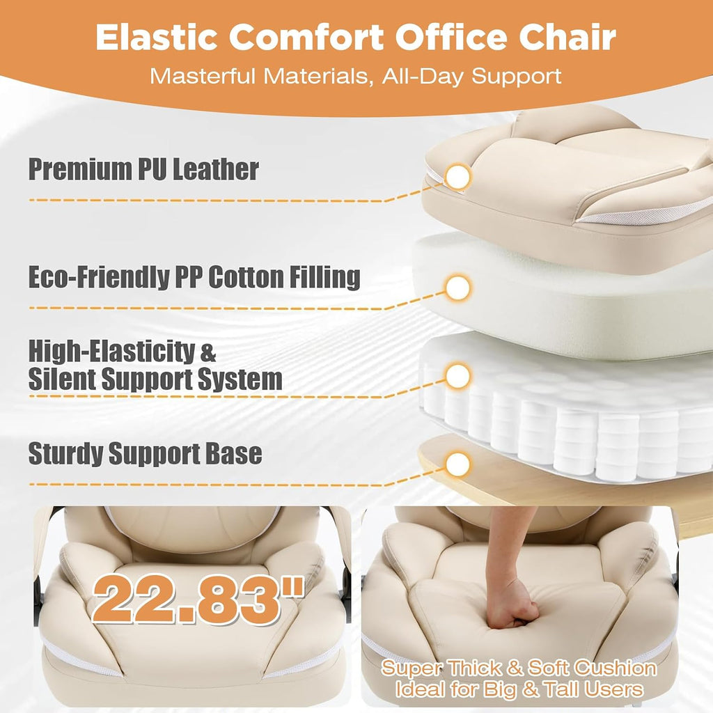 Ergonomic Fully Reclining Office Chairs with Back Support Footrest, Big and Tall Comfortable Recliner Office Desk Chair Computer Gaming Chair, Cream Beige