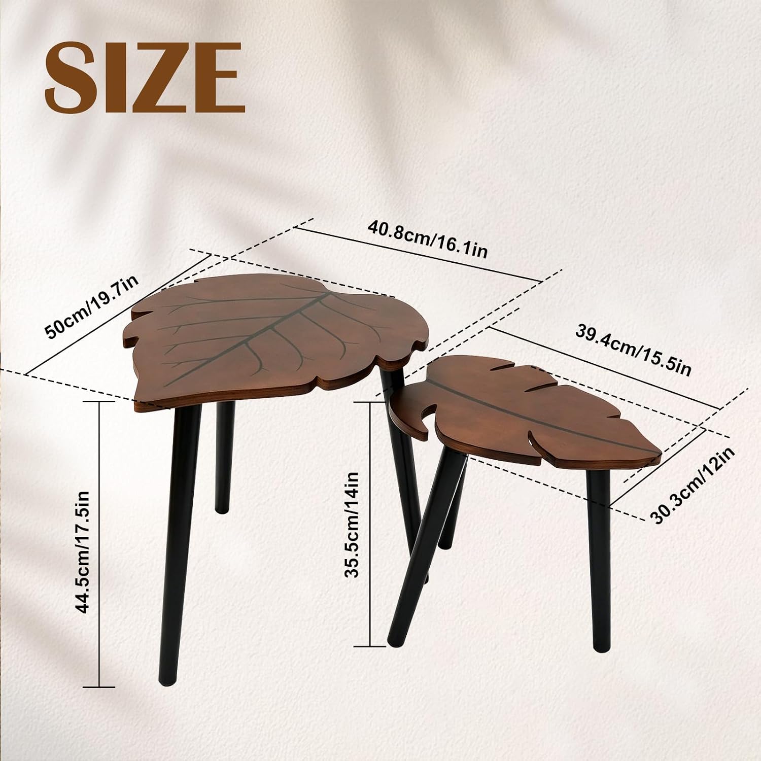 Nesting Coffee Table Set of 2, Monstera Leaf Wooden Side Tableble | Stacking Minimalist End Table for for Living Room Bedroom Apartment Balcony Yard Small Space, Sturdy and Easy Assembly, Brown