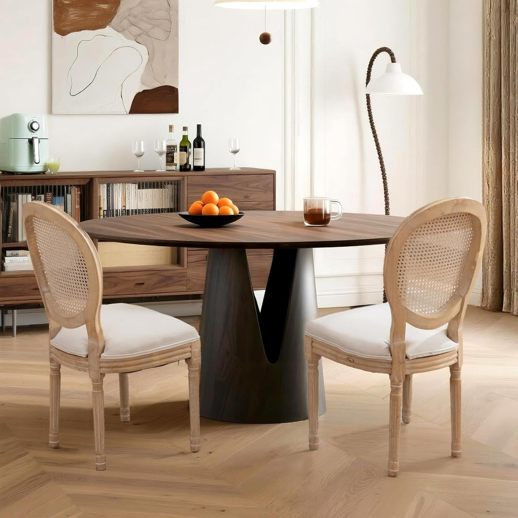 French Country Dining Chairs Set of 4,Farmhouse Upholstered Dining Room Chairs with Round Back and Solid Leg,Rattan Kitchen Chairs for Kitchen/Bedroom/Dining Room,Beige