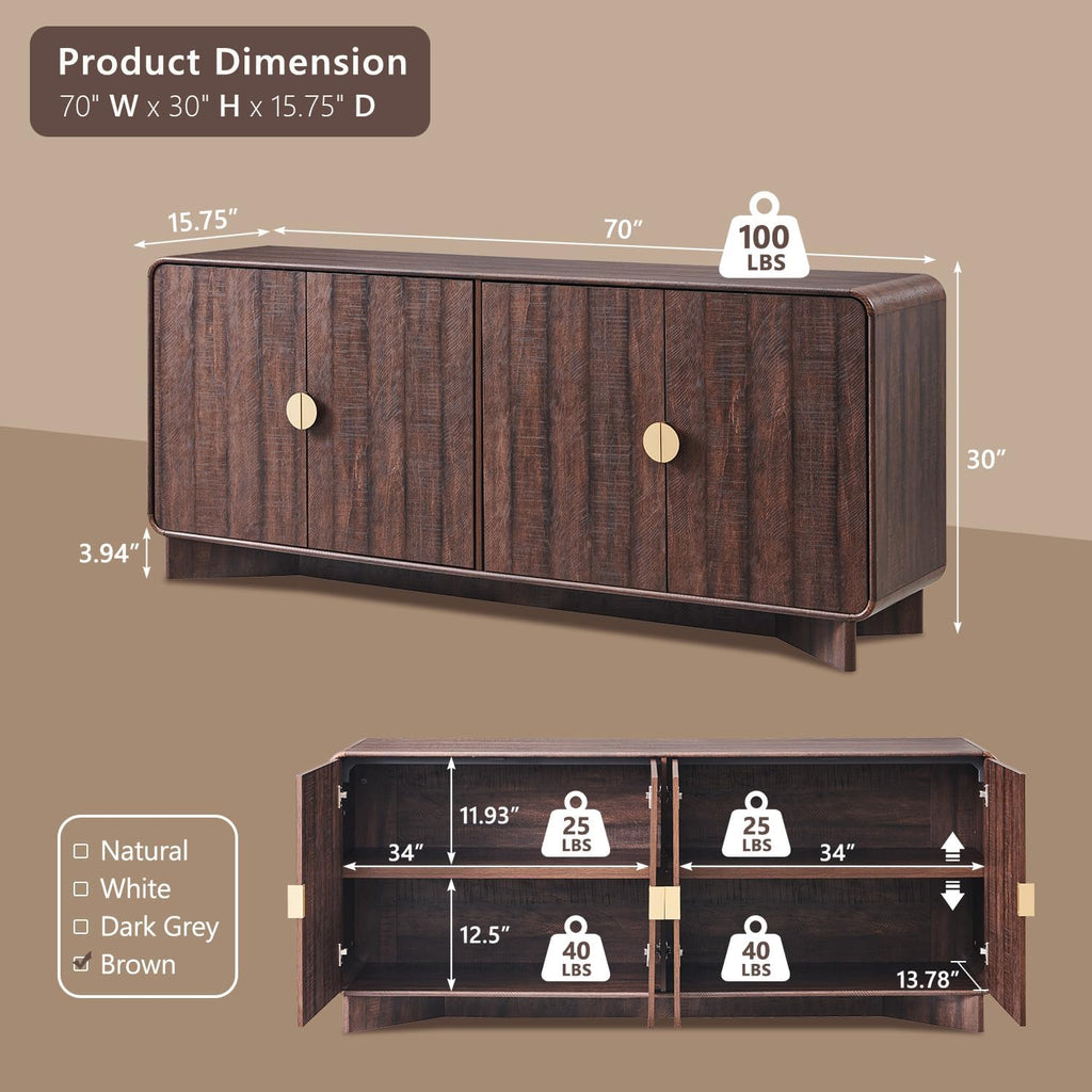 IFGET Modern Buffet Cabinet with Storage, 70" Large Sideboard Buffet Storage Cabinet with 4 Doors and Adjustable Shleves, Wooden Curved Coffee Bar for Dining Room, Kitchen, Living Room, Brown