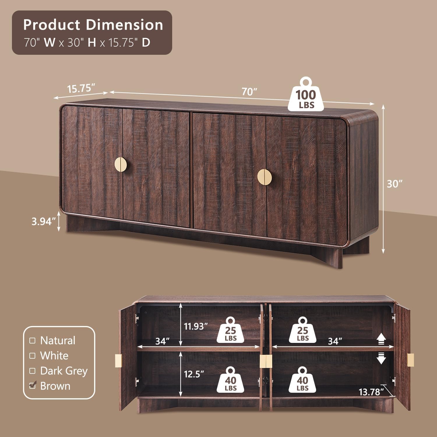IFGET Modern Buffet Cabinet with Storage, 70" Large Sideboard Buffet Storage Cabinet with 4 Doors and Adjustable Shleves, Wooden Curved Coffee Bar for Dining Room, Kitchen, Living Room, Brown
