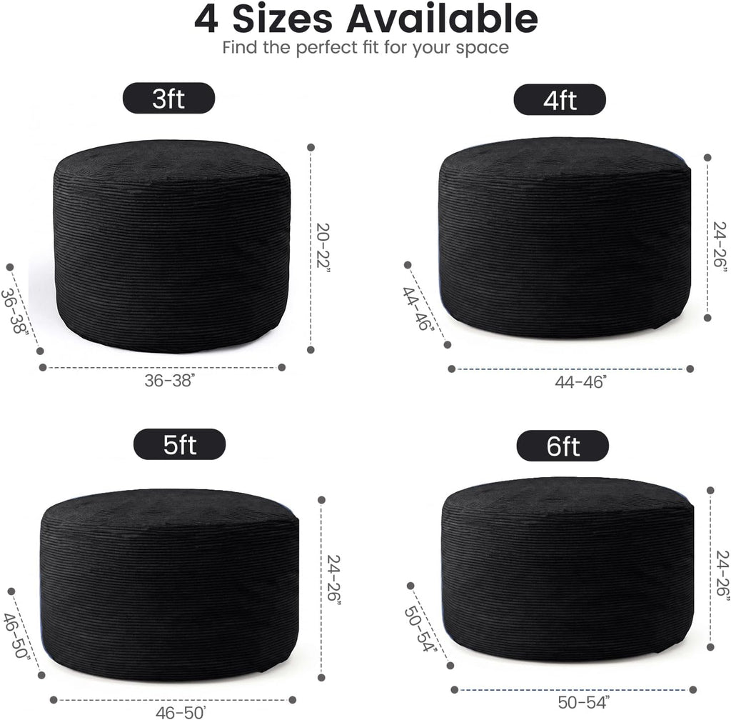 Bean Bag Chairs, 3FT Bean Bag with Memory Foam Filling, Removable and Washable Pinwale Plush Cover, Comfy Bean Bag Chairs for Living Room, Den, Bedroom or Office-Black