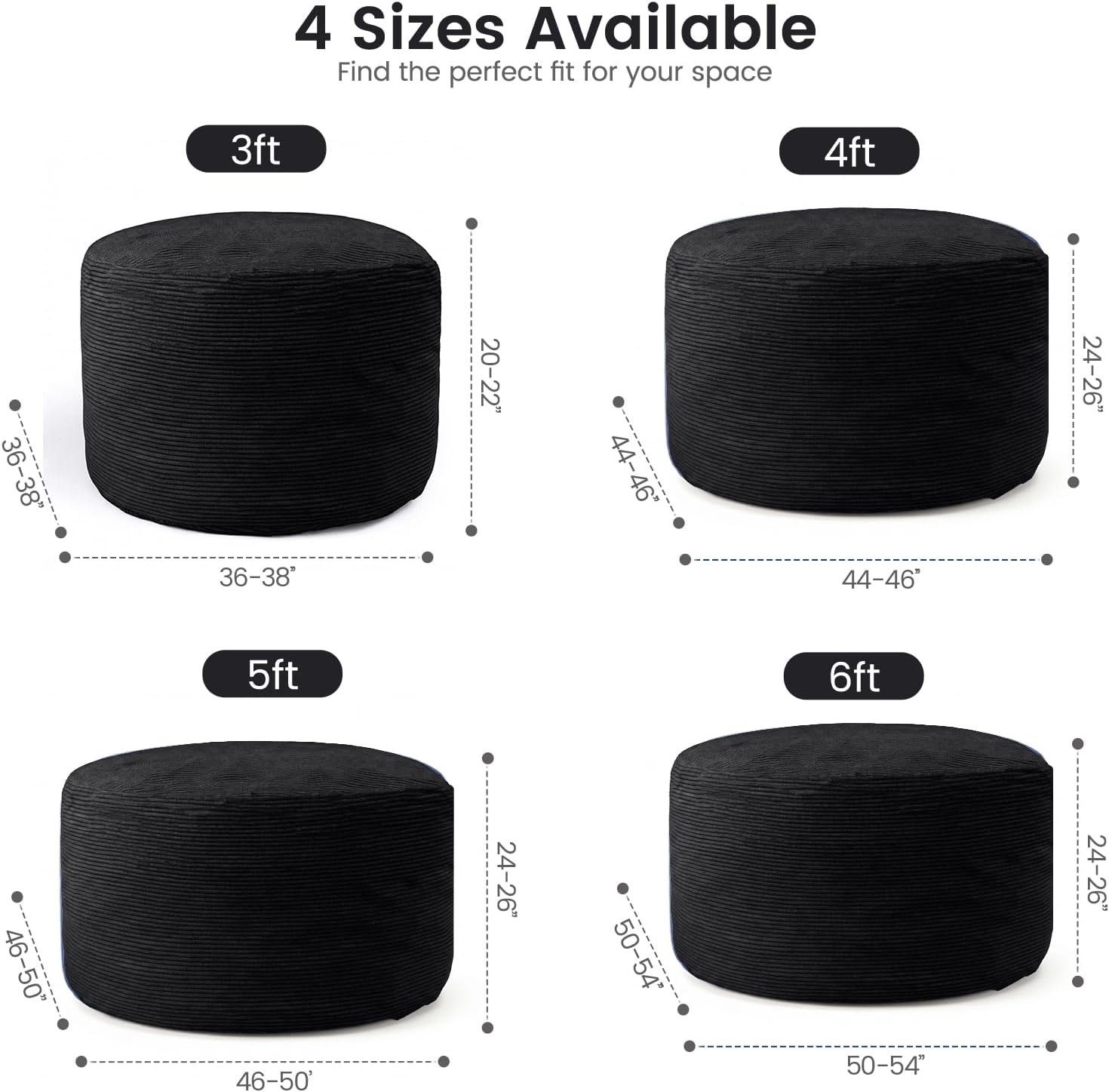 Bean Bag Chairs, 3FT Bean Bag with Memory Foam Filling, Removable and Washable Pinwale Plush Cover, Comfy Bean Bag Chairs for Living Room, Den, Bedroom or Office-Black