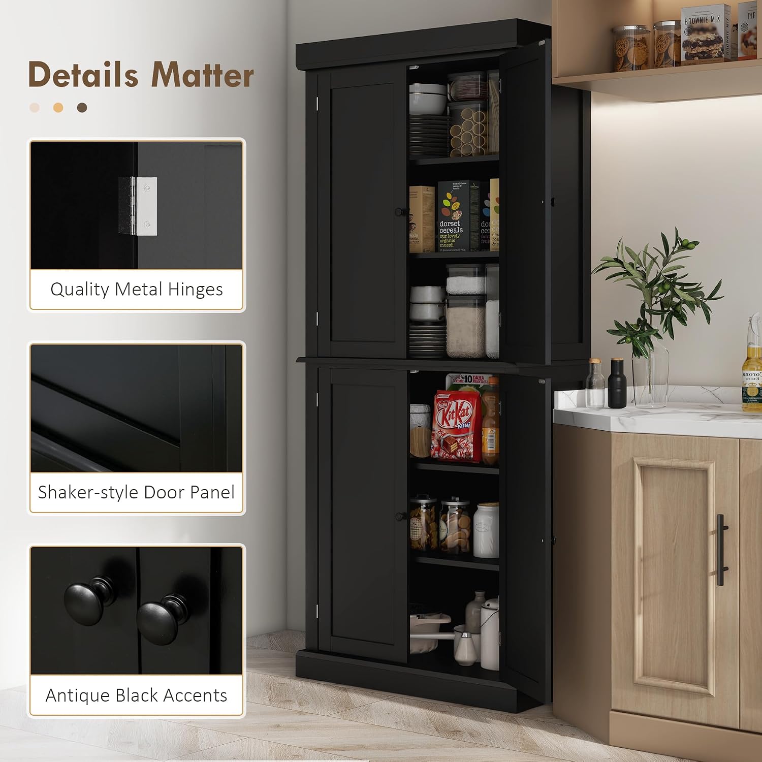 30" D*16" W*72.5" H Freestanding Kitchen Pantry with 4 Adjustable Shelves, 2 Double Doors, Rectangular Storage Cabinet, Traditional, for Living Room, Dining Room, Black