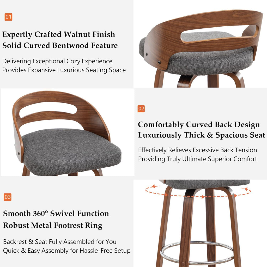 Counter Stools Set of 2, 25 inch Mid Century CounterStools with Walnut Crafts, Bentwood Curved Back, Upholstered Tech Fabric, Kitchen Island Stools for Cafe/Pub/Island (Gray, 25" Seat Height)