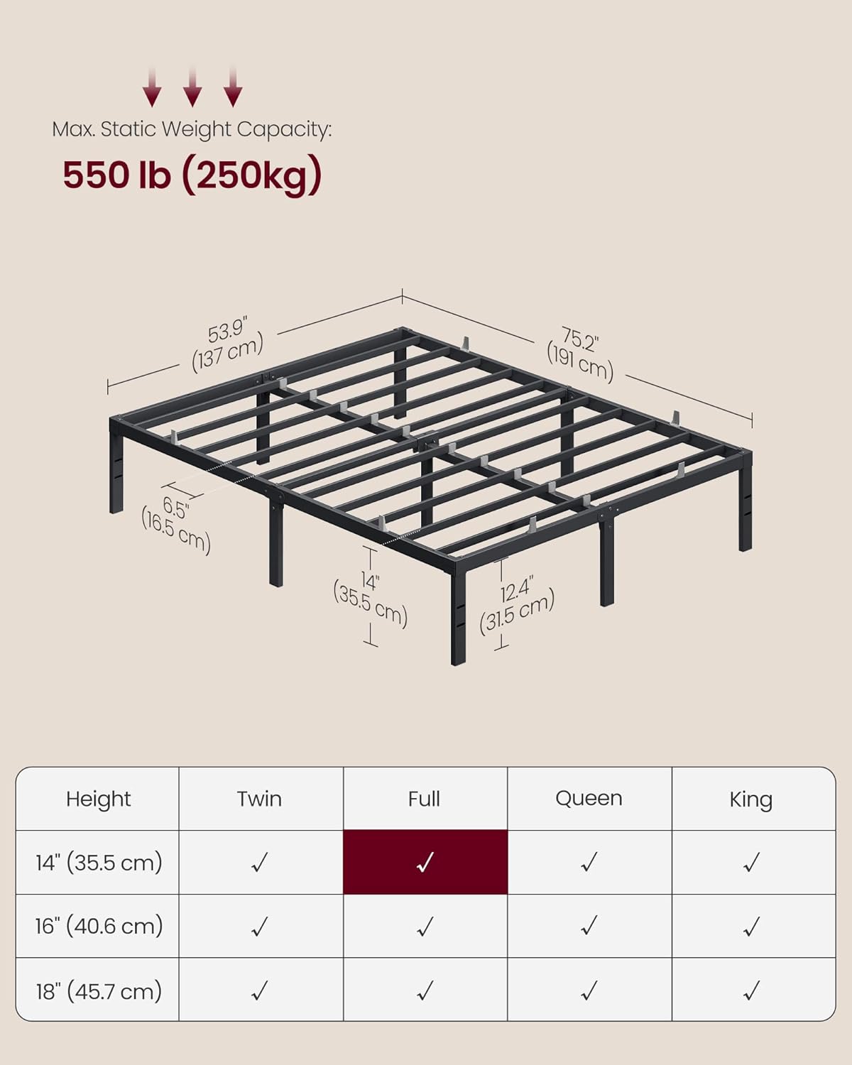 VASAGLE Full Metal Bed Frame 14 Inches Tall, 1100 lb Weight Capacity, No Box Spring Needed, with Under-Bed Storage, Easy Setup, Heavy-Duty Platform Bed, Mattress Retainers, Matte Black URMB652BD02S