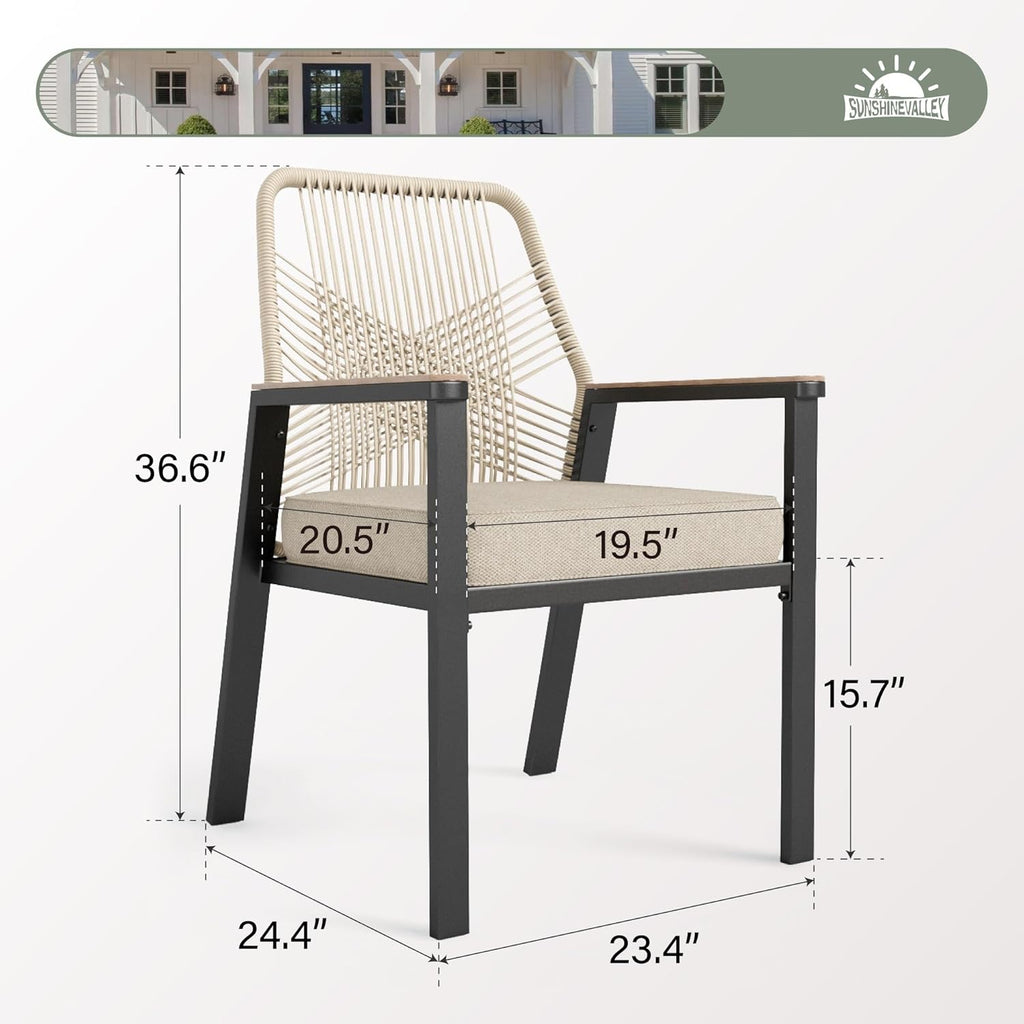 SUNSHINE VALLEY Patio Dining Chairs Set of 8, Heavy-Duty Woven Rope Outdoor Chairs with Waterproof Cushion and Wrought Iron Frame, All-Weather Outside Seating for Kitchen Garden Deck Backyard