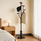 Freestanding Mid-Century Modern Tree Coat Rack | Freestanding metal rack with black marble base & wood spherical hooks for entryway, bedroom, living room