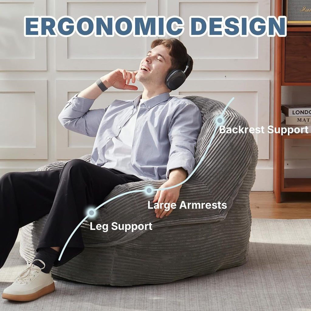 EBENCHICO Giant Bean Bag Chair for Adults and Teens, Corduroy Large Bean Bag Chairs with Armrests, Adult BeanBag Sofa Couch Chairs with Filler, Comfy Reading Chair Floor Sofa for Gaming, Napping