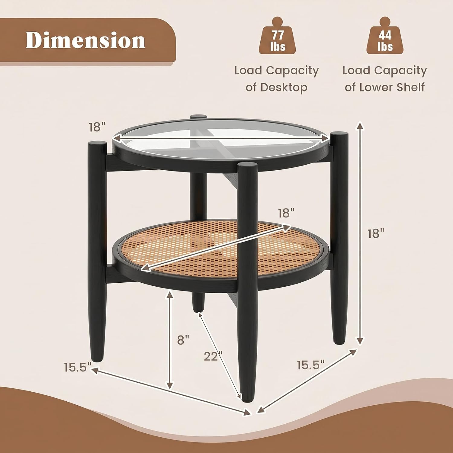 Giantex Rattan Round End Table, Boho Nightstand with Tempered Glass Top & Acacia Wood Legs, 2-Tier Side Table with Storage, Bedside Tables for Small Spaces Living Room Bedroom (Black)