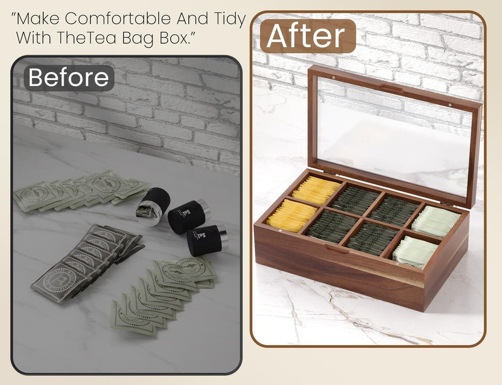 Acacia Wood Tea Bag Storage Box with 8 Compartments & Clear Window | Selected natural wood with elegant grain, versatile for coffee sugar candy jewelry, magnetic sealed lid, smooth finish
