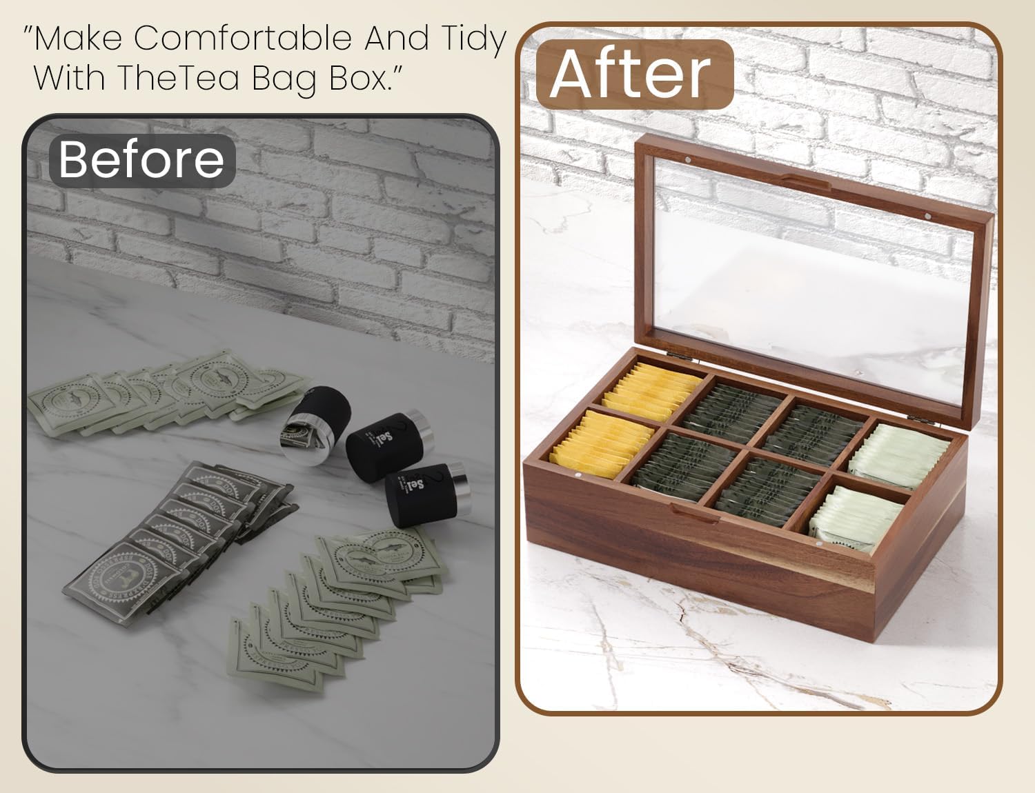 Acacia Wood Tea Bag Storage Box with 8 Compartments & Clear Window | Selected natural wood with elegant grain, versatile for coffee sugar candy jewelry, magnetic sealed lid, smooth finish
