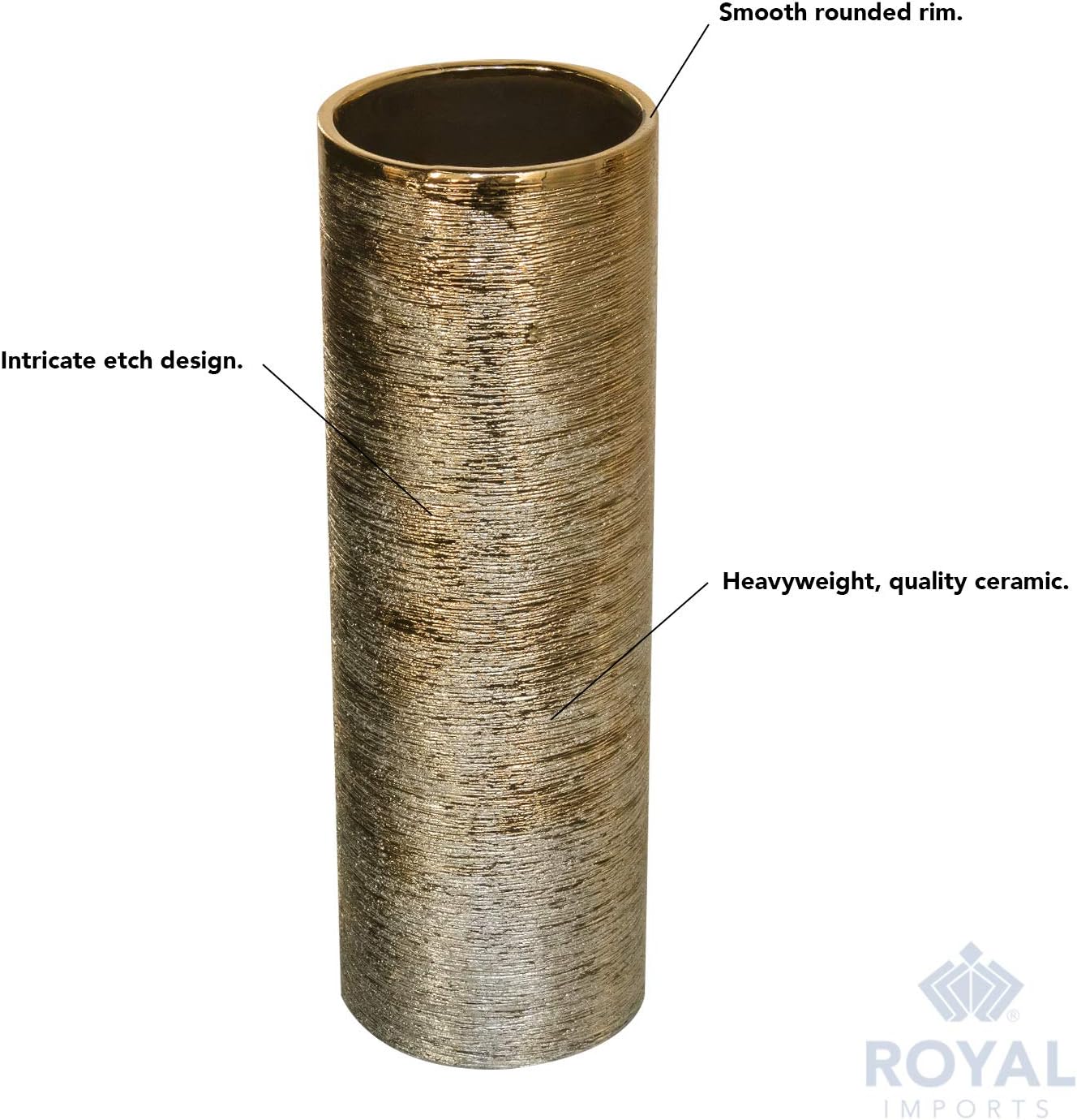 Royal Imports Flower Glass Ceramic Vase Decorative Centerpiece for Home or Wedding - Etched Cylinder Shape, 4"x12", Gold