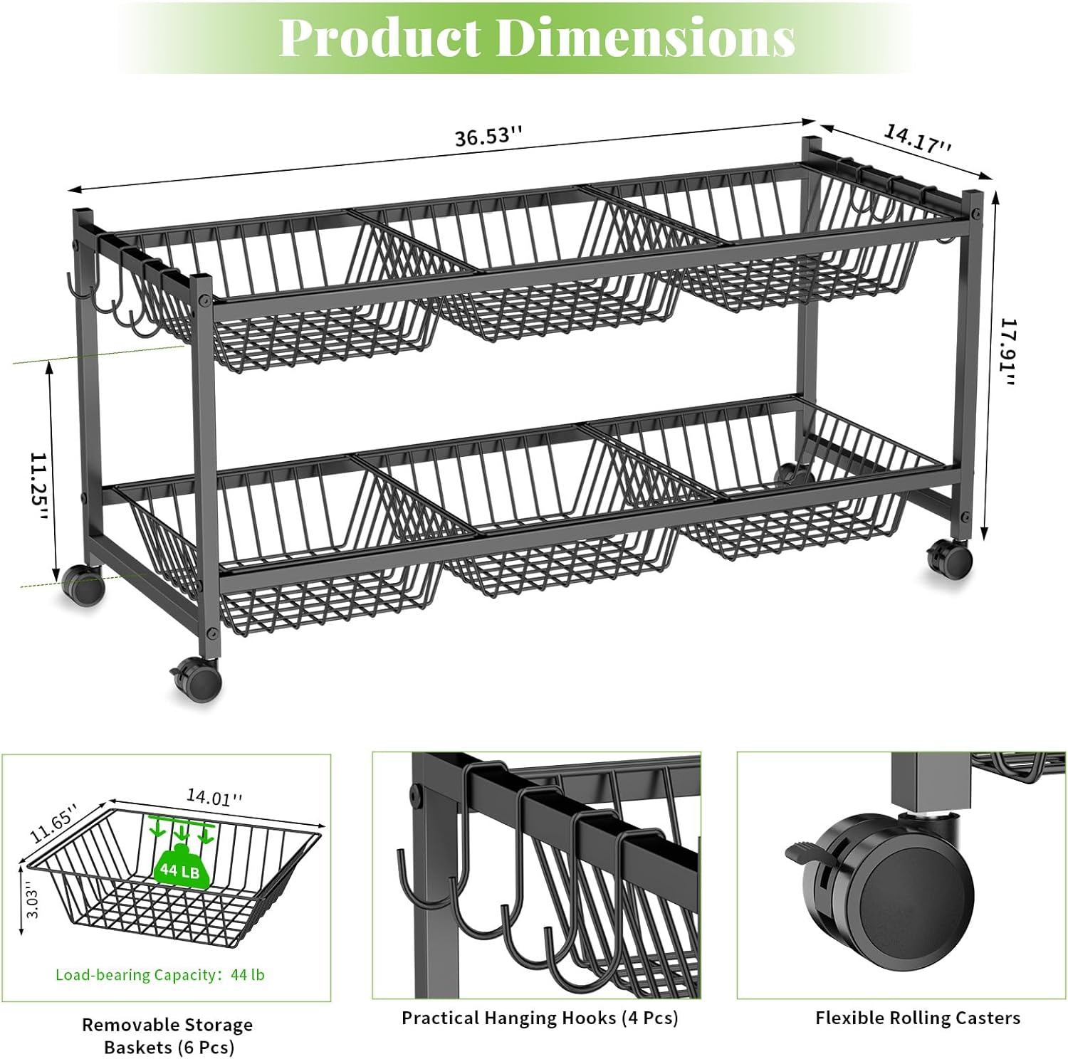 2-Tier Rolling Pantry Cart on Wheels with 6 Removable Baskets, Sturdy Pantry Floor Organizer and Storage, Kitchen Storage Cart for Fruit Vegetables, Snack Organizer for Pantry Kitchen Living Room