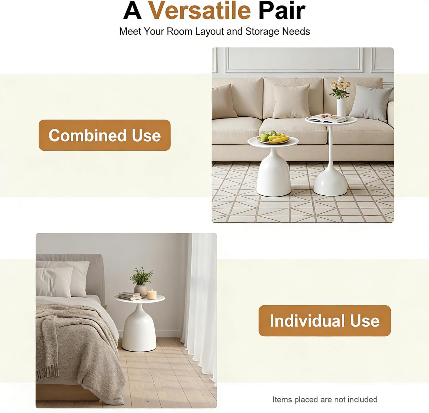 Modern Round Side Table Set of 2, Metal Nesting End Tables White/Black Minimalist Accent Tables Pedestal Coffee Table for Living Room Bedroom Office (White)