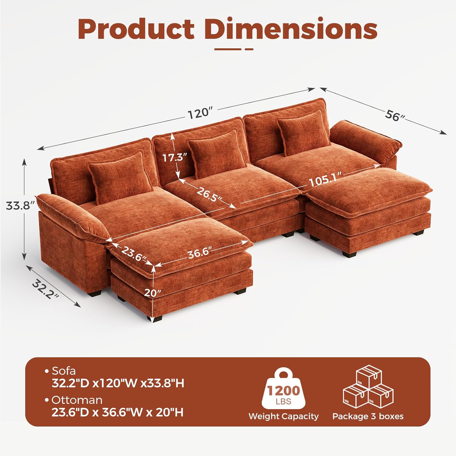 CDCASA 120" Oversized Modular Sectional Sofa, Comfy U-Shaped Cloud Couch w/ 2 Movable Ottoman, 5-Seater Chenille Deep Seat Modern Sofa Couch for Living Room, DIY Combination, Terracotta Orange