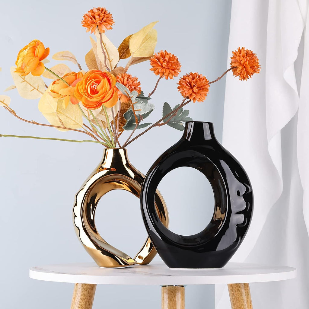 Black Gold Ceramic Vase Set of 2 for Modern Home Decor,Round Boho Vase for Pampas Grass,Neutral Minimalist Statue for Dining Room Table Centerpiece Dining Room,Wedding Table Decoration