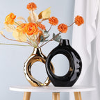 Black Gold Ceramic Vase Set of 2 for Modern Home Decor,Round Boho Vase for Pampas Grass,Neutral Minimalist Statue for Dining Room Table Centerpiece Dining Room,Wedding Table Decoration