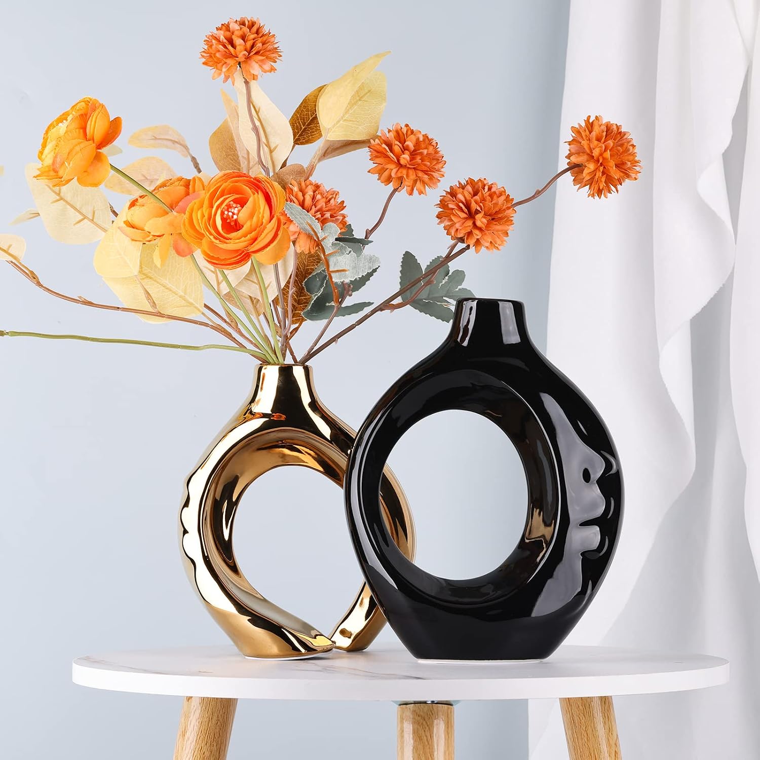 Black Gold Ceramic Vase Set of 2 for Modern Home Decor,Round Boho Vase for Pampas Grass,Neutral Minimalist Statue for Dining Room Table Centerpiece Dining Room,Wedding Table Decoration