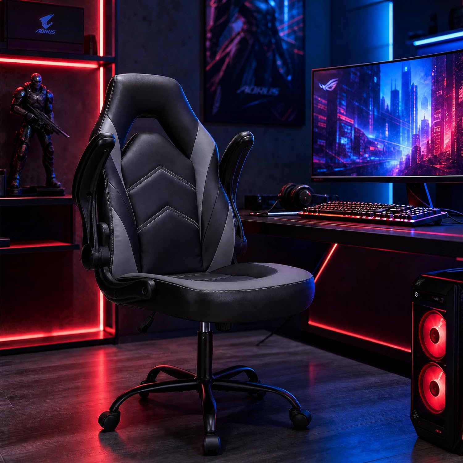 Sweetcrispy Computer Video Game Desk Chair - Ergonomic Comfy Lumbar Support, PU Leather with Flip-up Armrest, Height Adjustable and 360° Swivel, for Adults, Black Grey